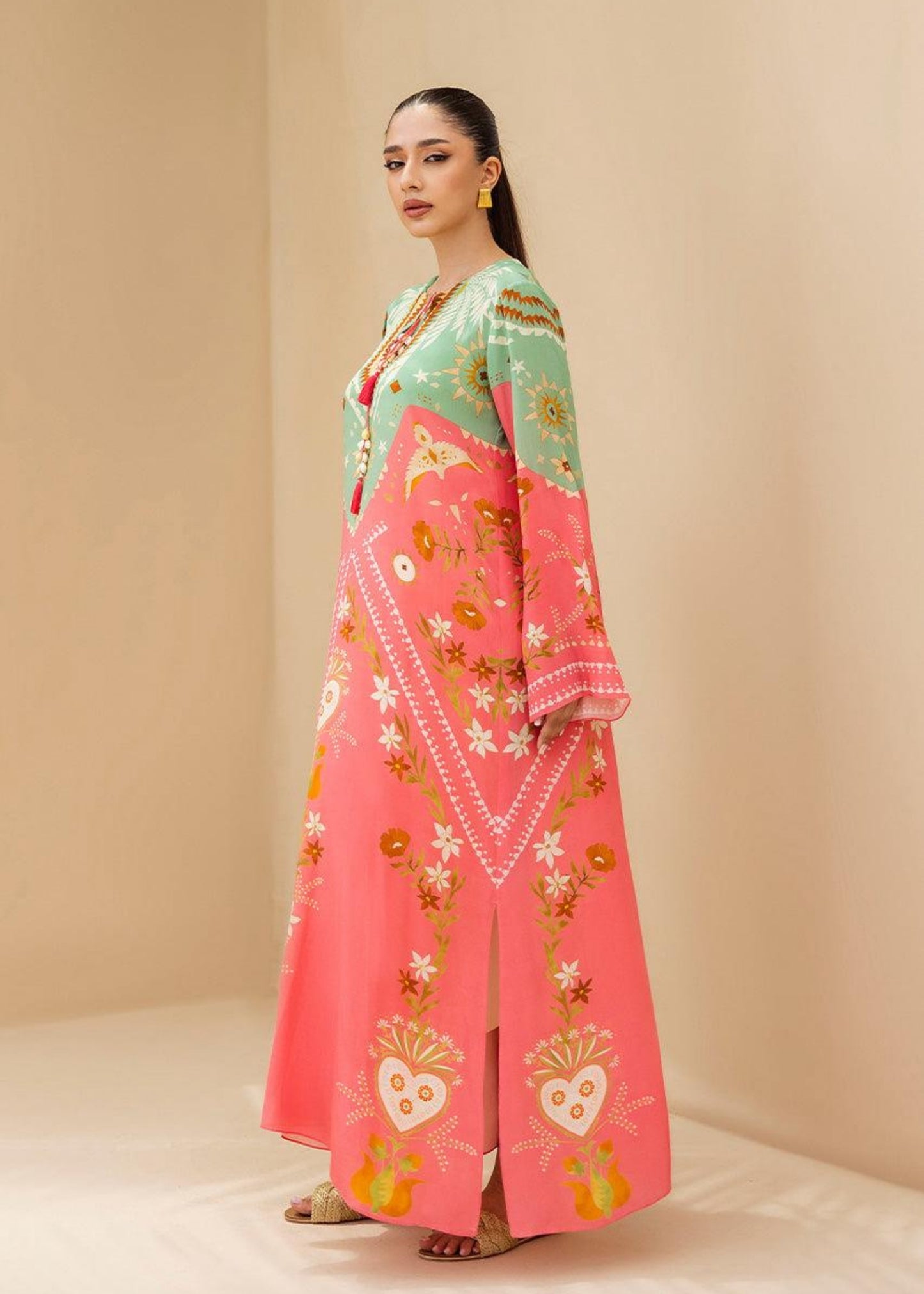 Mint & Pink Floral Long Shirt Dress (Stitched)