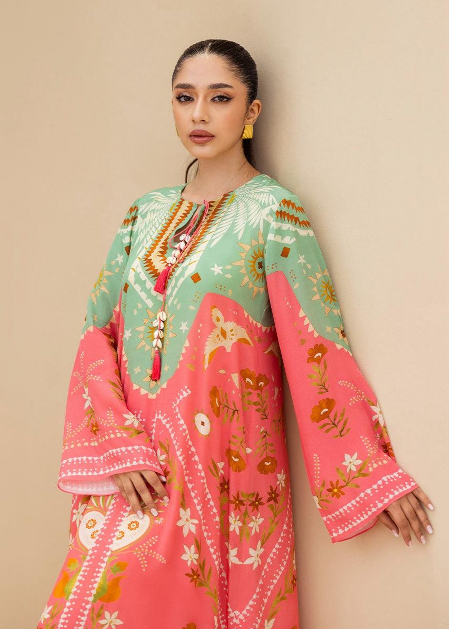 Mint & Pink Floral Long Shirt Dress (Stitched)