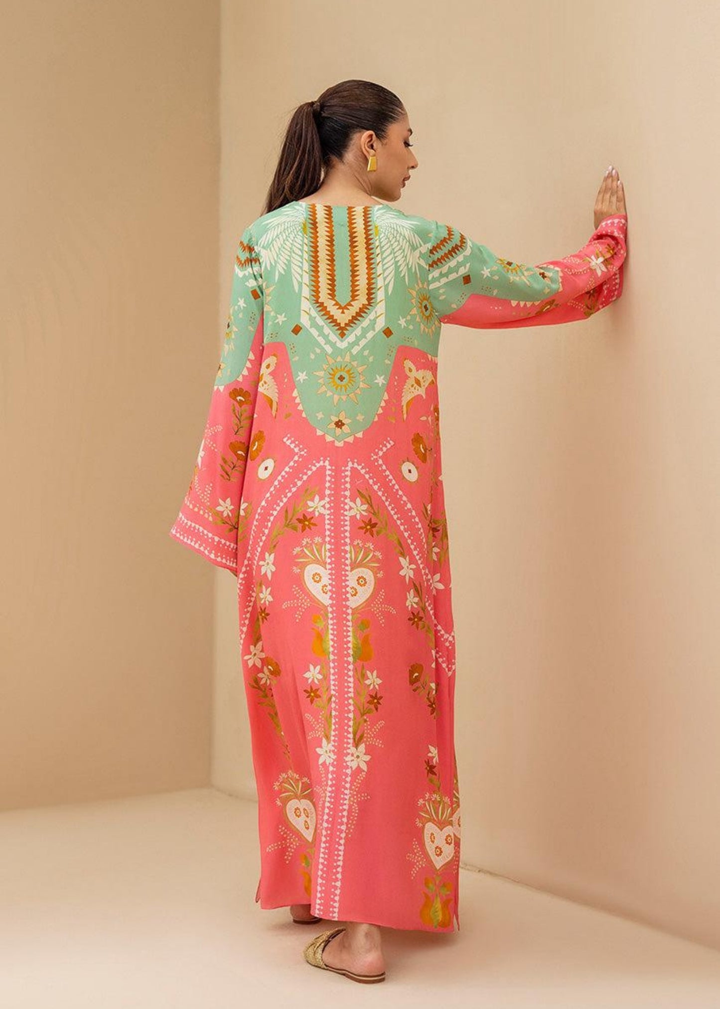 Mint & Pink Floral Long Shirt Dress (Stitched)