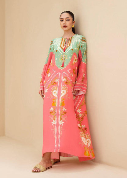 Mint & Pink Floral Long Shirt Dress (Stitched)